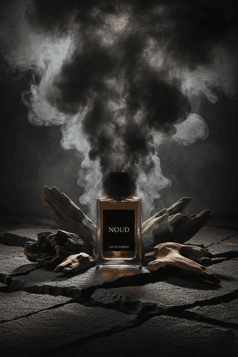 Noud luxury oud perfume surrounded by stones and rising smoke