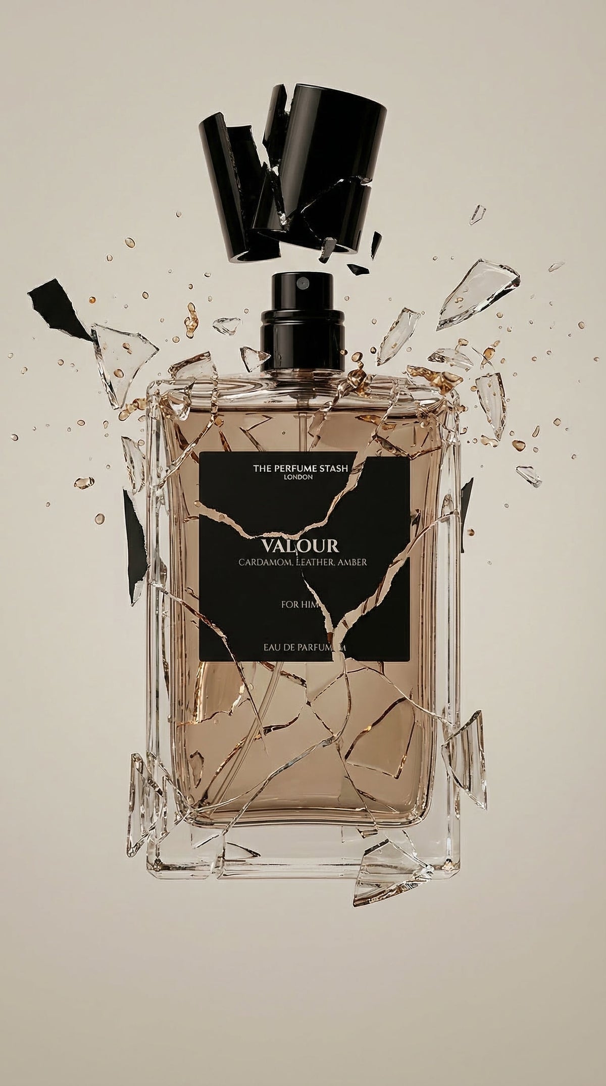 Valour Eau de Parfum men’s fragrance bottle with shattered glass effect – luxury long-lasting aftershave for men