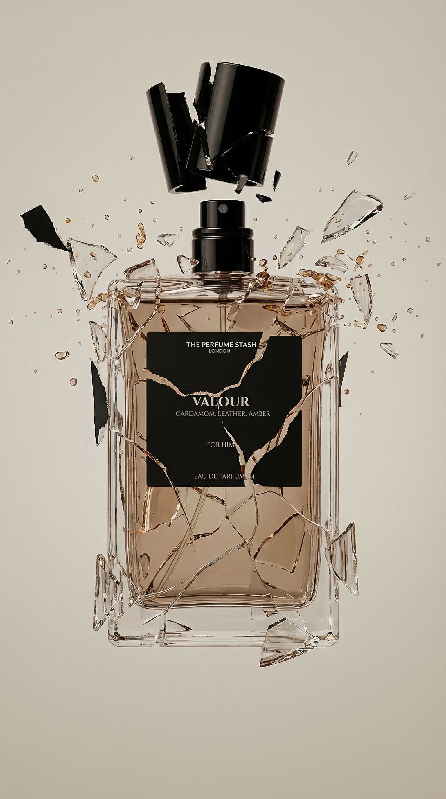 Valour Eau de Parfum men’s fragrance bottle with shattered glass effect – luxury long-lasting aftershave for men