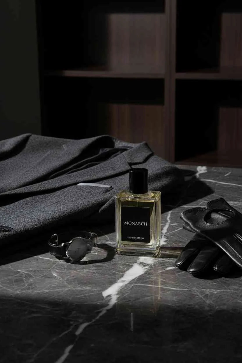 Monarch Eau de Parfum by The Perfume Stash London luxury perfume bottle styled for a United Kingdom fragrance guide