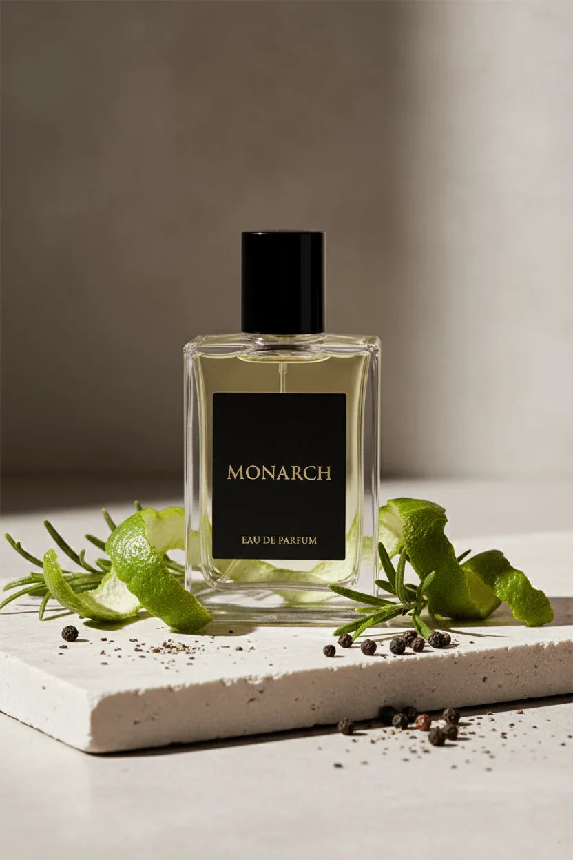 Monarch Eau de Parfum by The Perfume Stash London styled in a luxury grooming scene for a guide on how to make aftershave last longer in the United Kingdom