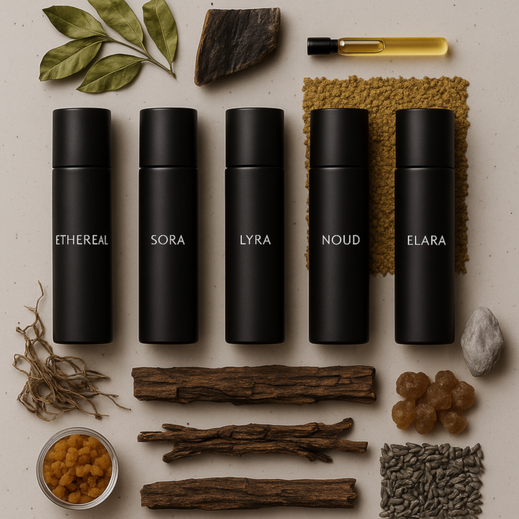 Elegant women’s perfume gift set with four minimalist bottles and a ribboned gift box