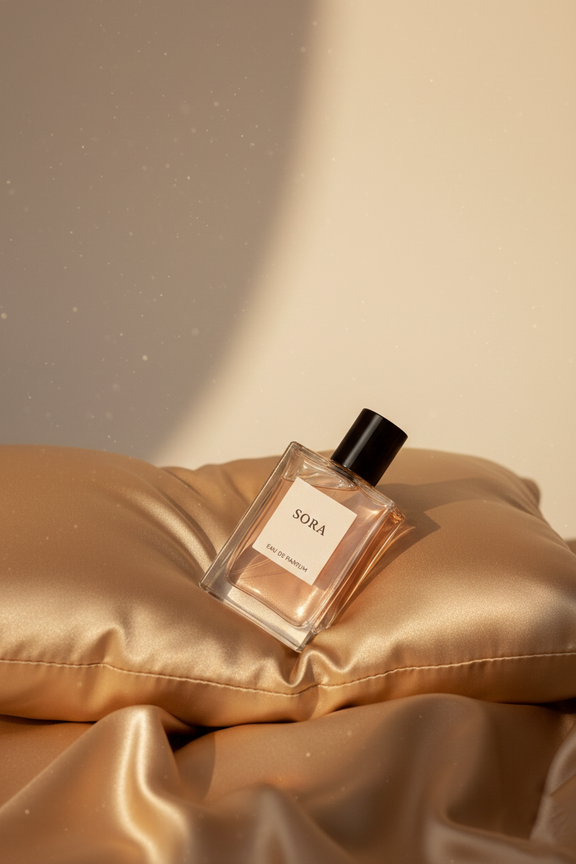 "Sora eau de parfum resting on a satin cushion in warm golden light"