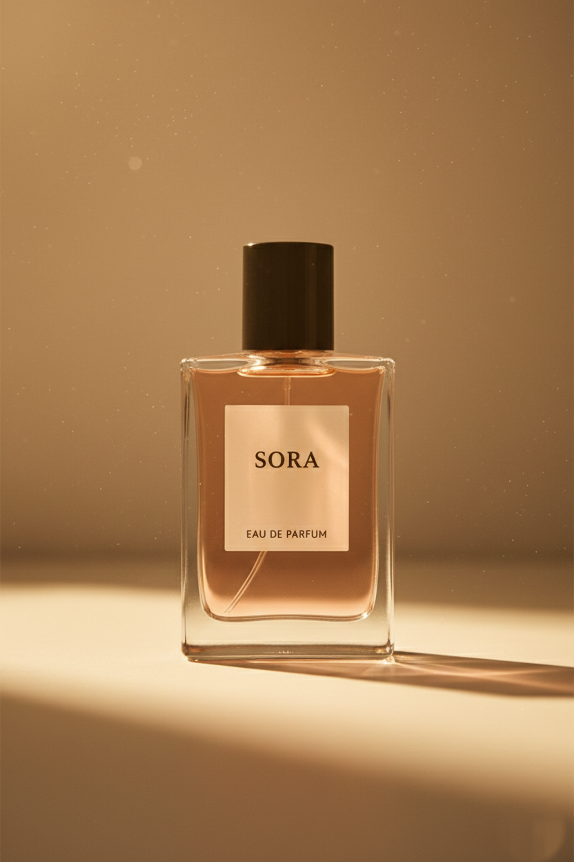 "Sora eau de parfum photographed in soft warm studio lighting"