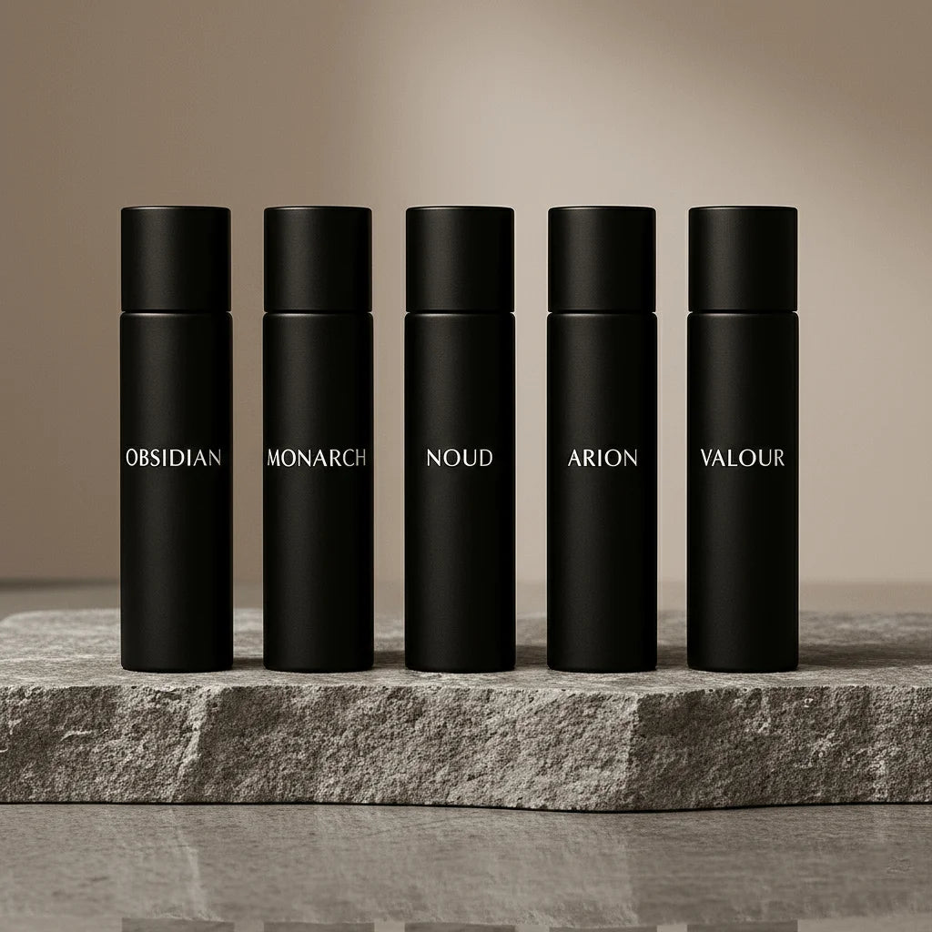Men’s luxury perfume discovery set featuring Obsidian, Monarch, Noud, Arion and Valour