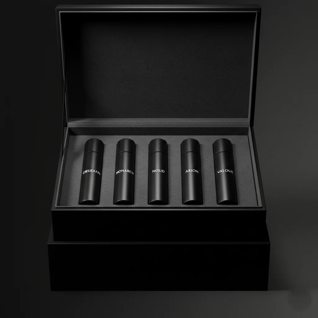 Men’s luxury perfume discovery set presented in a premium black gift box