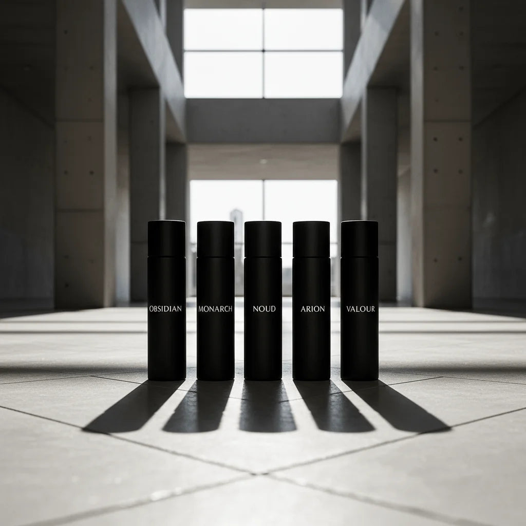 Men’s luxury perfume discovery set displayed in a modern architectural setting