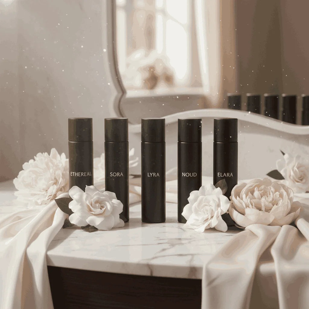 Women’s luxury perfume discovery set displayed on a marble vanity with soft florals
