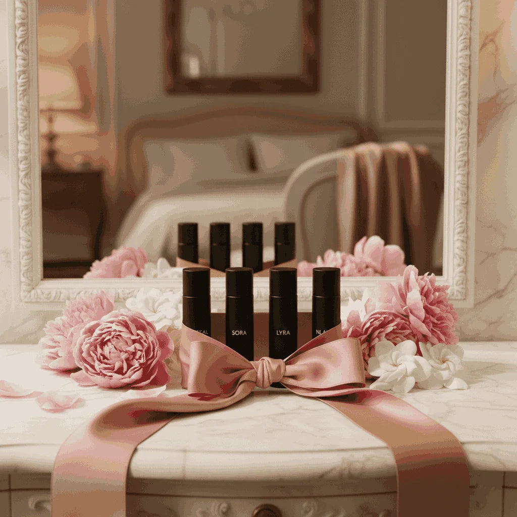 Women’s luxury perfume discovery set featuring Ethereal, Sora and Lyra by The Perfume Stash London