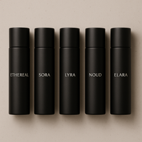 Thumbnail for Luxury Discovery Set by The Perfume Stash London featuring Ethereal, Sora, Lyra, Noud and Elara perfumes in sleek black bottles