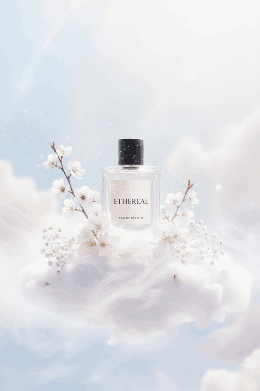Ethereal eau de parfum resting on soft clouds with white blossoms, creating a light and celestial floral perfume scene.