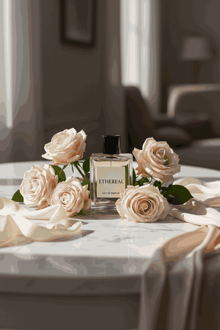 Ethereal eau de parfum surrounded by pale roses and soft fabric, photographed in natural daylight for a romantic luxury perfume aesthetic.