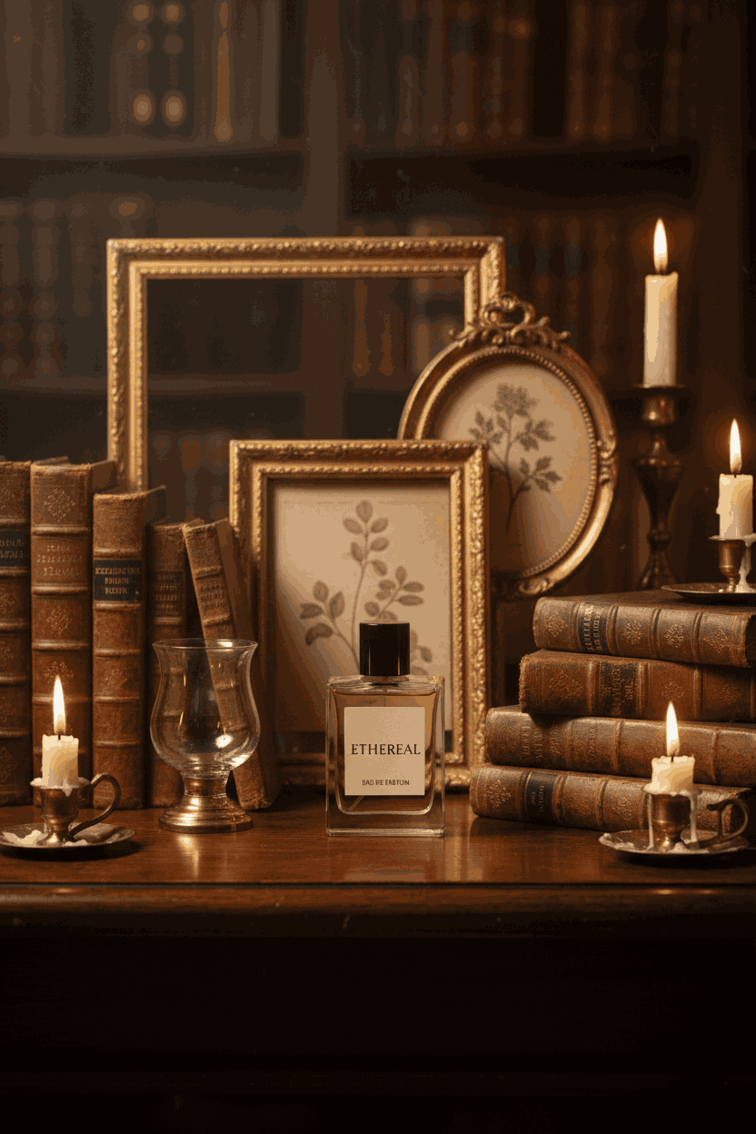 Ethereal eau de parfum displayed on a wooden table surrounded by antique books, framed artwork, and softly lit candles in a vintage library setting.