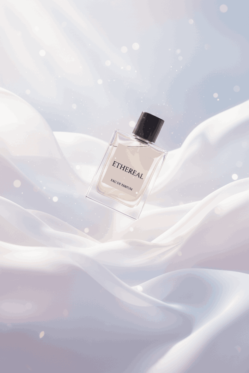 Ethereal perfume bottle floating above flowing white silk with soft light and delicate sparkles creating a dreamy, airy atmosphere.