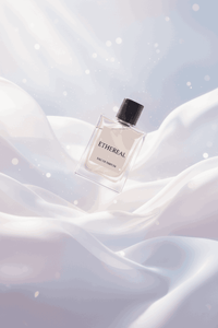 Thumbnail for Ethereal perfume bottle floating above flowing white silk with soft light and delicate sparkles creating a dreamy, airy atmosphere.