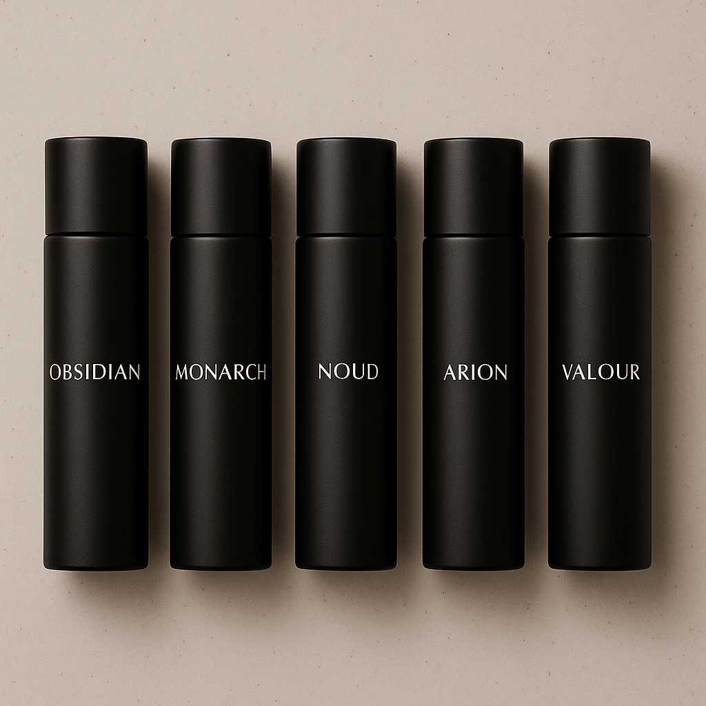 Men’s Discovery Set by The Perfume Stash London featuring Obsidian, Monarch, Noud, Arion and Valour luxury perfumes in sleek black bottles