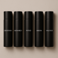 Thumbnail for Men’s Discovery Set by The Perfume Stash London featuring Obsidian, Monarch, Noud, Arion and Valour luxury perfumes in sleek black bottles
