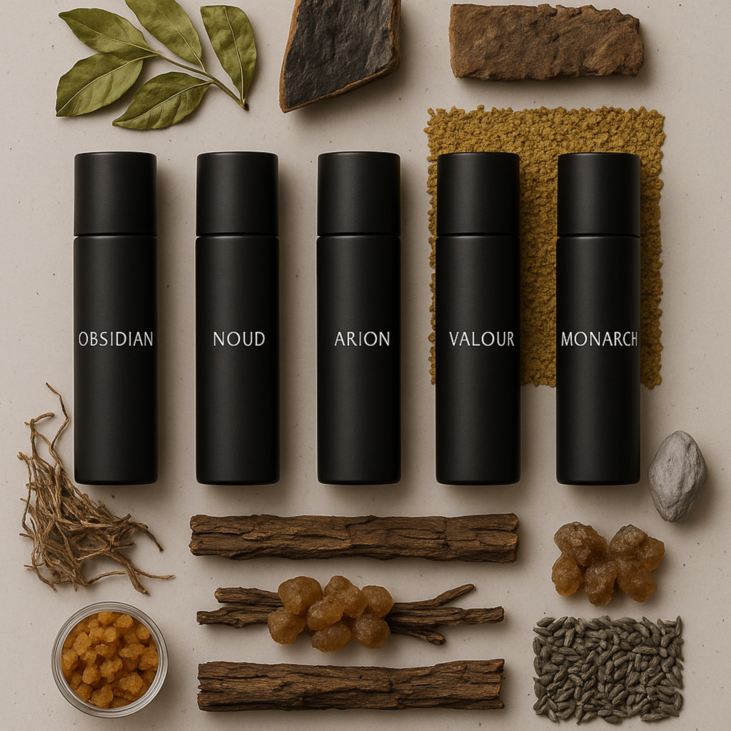Luxury men’s perfumes Obsidian, Noud, Arion, Valour, and Monarch by The Perfume Stash London – premium long-lasting fragrances UK.