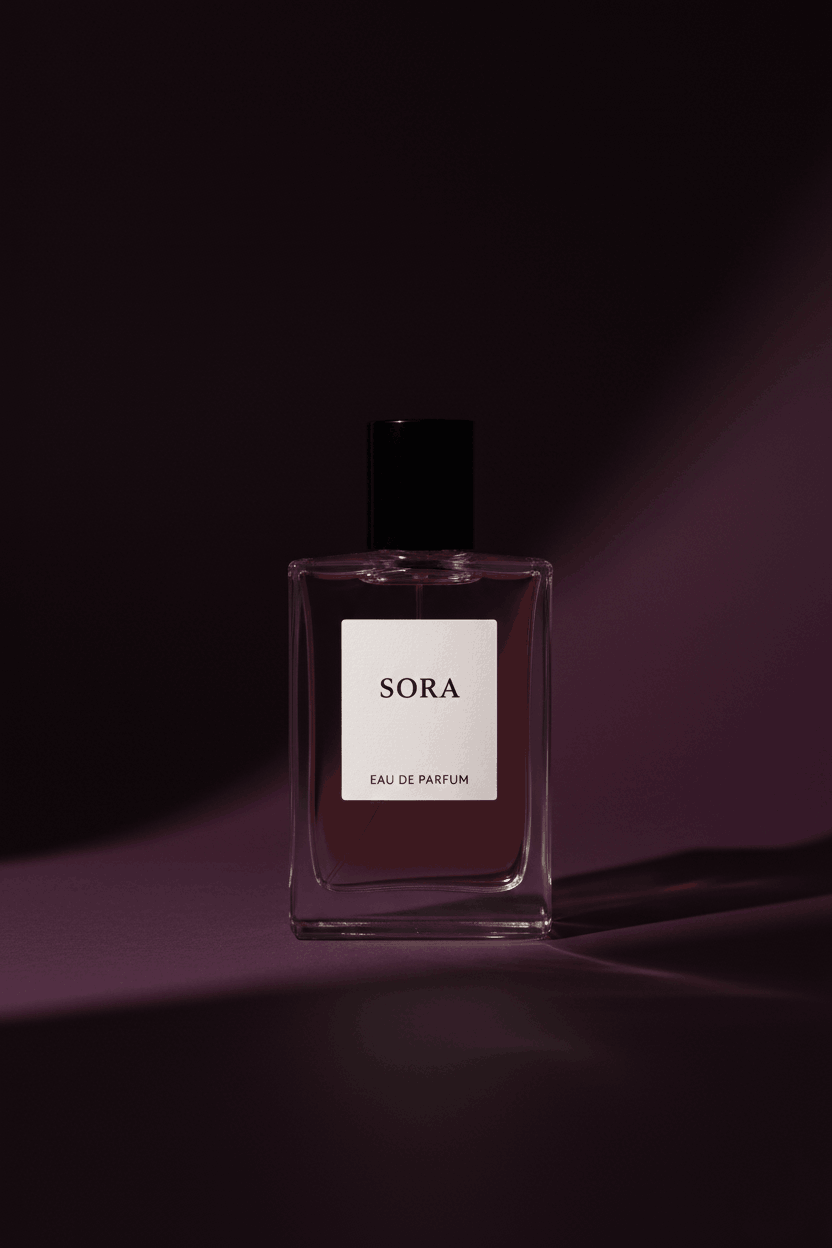 Sora luxury perfume bottle against a deep, elegant dark background