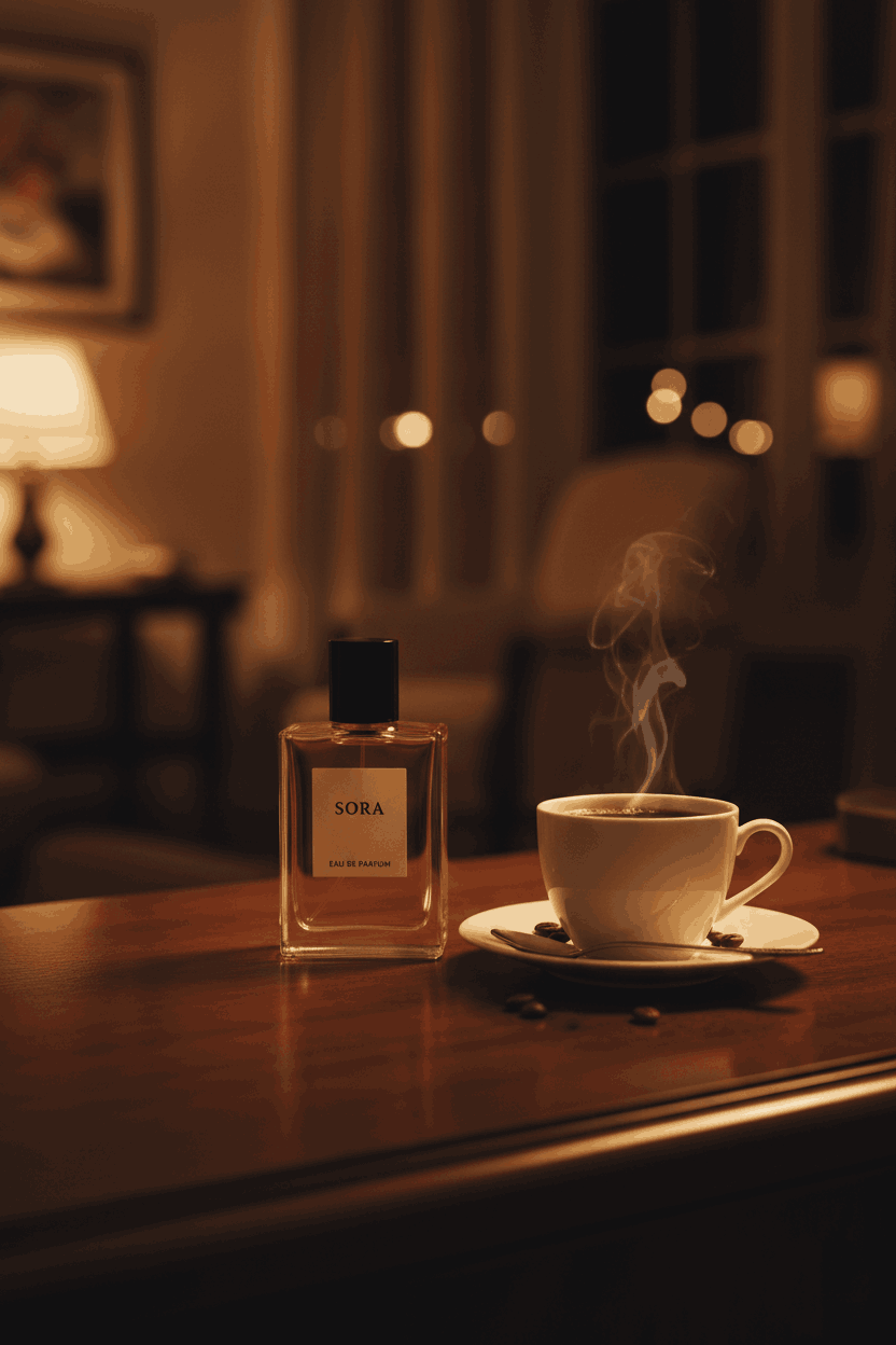 Sora perfume beside a warm coffee cup in an intimate evening setting